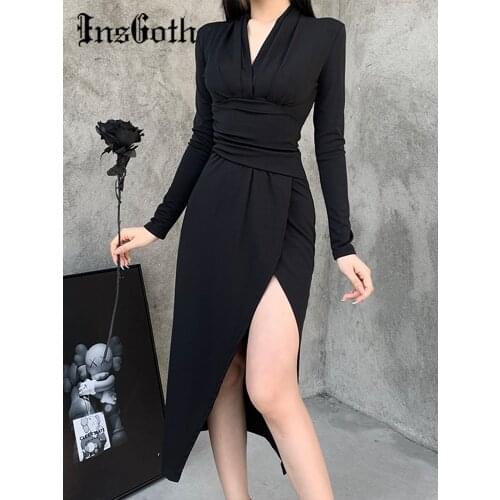 InsGoth Sexy V Neck Black Dress Goth High Waist Long Sleeve Dresses Vintage Elegant Party Night Slit Dress Women Outwears