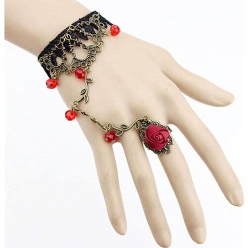 Vintage fashion Gothic Jewelry Women Lace Flower Hand Slave Chain Ring Harness Gift New