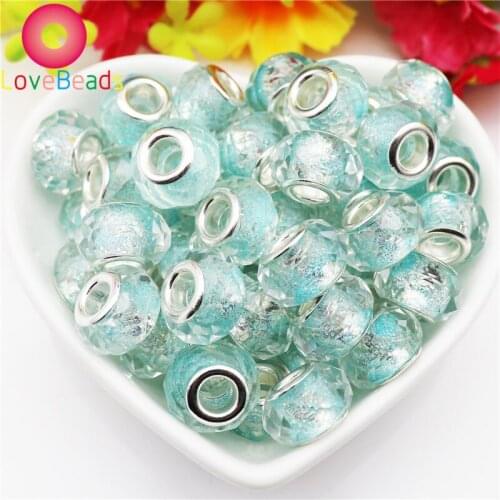 10Pcs Large Hole Faceted Blue Glitter Powder Glass Crystal Spacer Beads Fit European Pandora Bracelet Bangle for Jewelry Making