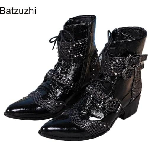 Batzuzhi 6.5CM Heels Black Men Boots Handsome Military Short Boots Men Pointed Toe Buckle Lace-up Mens Motocycle Boots Black