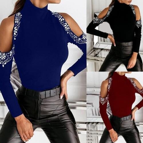 Elegant Sexy Blouse Off Shoulder Pullover Women Long Sleeve Tops Turtleneck Diamonds Skinny Female Casual Streetwear Tee Shirt