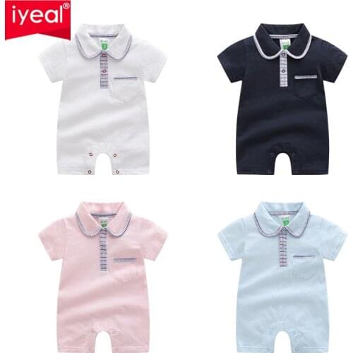 IYEAL Summer Newborn Baby Romper Soild Color Baby Boy Clothes Girl Jumpsuit Cotton Short Sleeve Turn down collar Infant Overalls