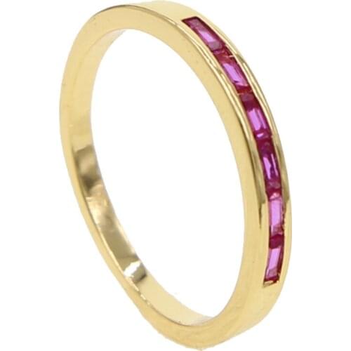 Gold color plated simple band cz ring for women bezel set baguette red cubic zirconia paved delicate tiny stacking rings