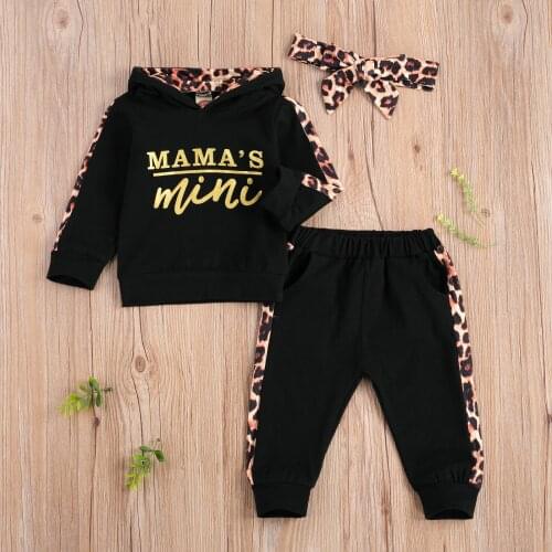 Pudcoco Newborn Baby Girl Clothes Letter Leopard Print Patchwork Long Sleeve Hooded Tops Pants Headband 3Pcs Outfits Traksuit