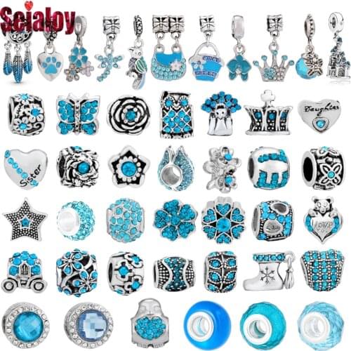 Seialoy Cyan Blue Theme Flowers Beaded Parrot Dangle Charm For Women Feather Pendant Fit DIY Charms Bracelets Jewelry Making