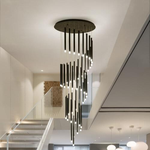 Modern LED Staircase Chandelier Duplex Loft Pendant Lamp Nordic Living Room Lamp Villa Spiral Staircase Black Long Hanging Light