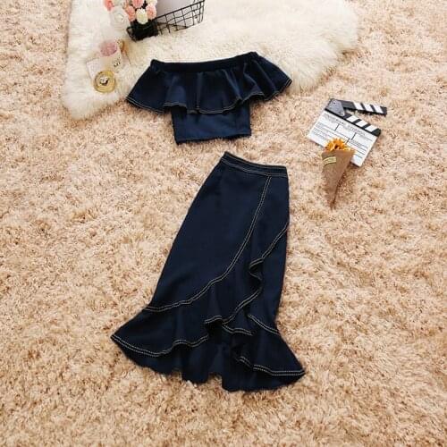 2020 summer new female slash neck ruffles chiffon shirt + High waist Split package hip Mermaid skirt suit womens 2 piece sets