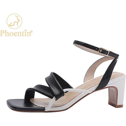 Phoentin Womens Elegant office Genuine Leather Sandals Fashion Open Toe 2021 Summer Square high Heels Shoes Size 34-42 FT1592