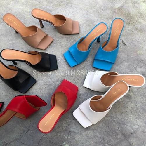 2021New Arrivals Women Fashion Slippers High Heels Sandals Slides Square Toe Slip On Square Toe Mules Shoes Woman Summer Slides