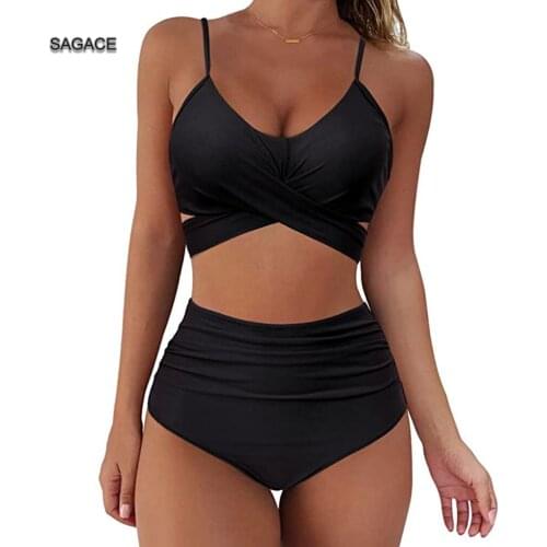 SAGACE High waist Bikini Set Women Summer Split Swimsuit Sexy Soild Push Up Bikini Swimwear Lady 2020 Holiday Beach biquini A521