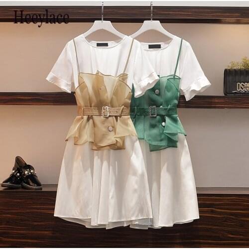 Plus size Summer Women two piece set Casual O-neck Solid White Loose Dress + Sling Mesh 2 Color Belt Fashion Set 2 Piece Set