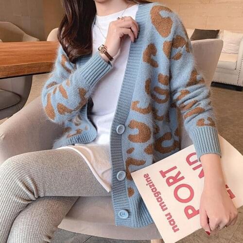 2021 Autumn Winter Knitted Leopard Sweaters Women Korean V Neck Thick Print Cardigan Coat Loose Button Outwear Tops