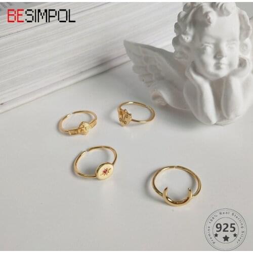 Besimpol Real 925 Sterling Silver Star Moon Rings Elegant Letter Baby Shield Simple Rings For Women Girls Stylish Luxury Jewelry