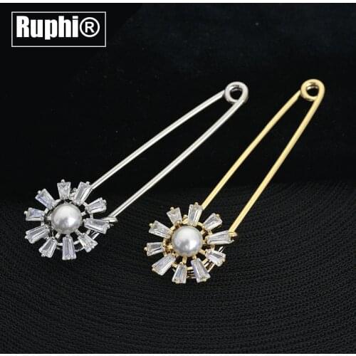 Large Safety Pin Brooches Zircons Copper Floral Cardigan Sweater Costume Badge Bar Pins Brooch Ornament Jewelry Accessory