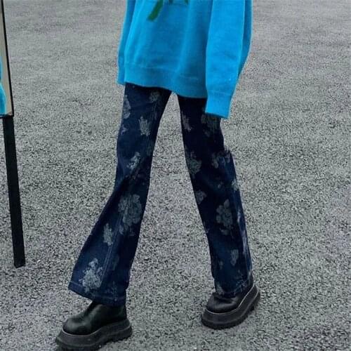 Vintage Rose Print Micro-flared Pants Streetwear Women Jeans New Fashion Harajuku Female Y2k High Waist Casual Straight Trousers