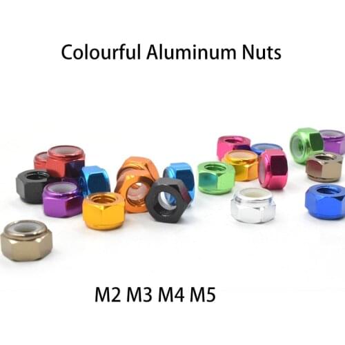 Colourful Aluminum Nuts M2 M3 M4 M5 Aluminum Nylon Insert Lock Nut Lock Nuts Model Hex Nut Self-locking Nuts 10 Pcs