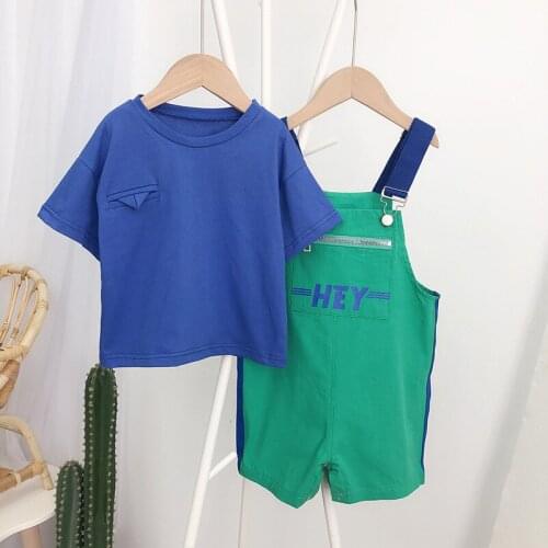 2021 Summer New Baby Boys Sets Kids Lovely Casual Overalls Suits Cotton Blue T Shirt Letters Loose Overall Boys 2pcs Set 2-7 Y