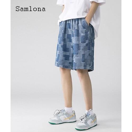 Samlona Patchwork Men Jeans Demin Shorts 2021 New European Style Zipper Pocket Jean Streetwear Fashion Casual Loose Half Pants
