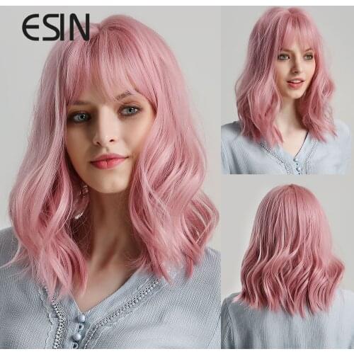 ESIN Pink Medium Long Loose Body Wave Wig with Bangs Cosplay Daily Natural Wigs for Women Heat-resistant Synthetic Hair