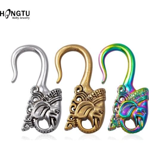 HONGTU 1PC Indian Tribal Antique Copper Elephant Hook Ear Weights Rainbow Plug Expander Stretcher Brass Piercing Body Jewelry 4G