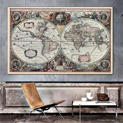 Retro World Map Nautical Ocean Map Canvas Painting Wall Art Chart Sticker Antique Home Decor Large Size Map World On The Wall
