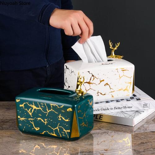 Elk Ceramic Tissue Box Ornaments Nordic Living Room Storage Box Marble Pattern Tissue Box Modern Home Decoration Accessories