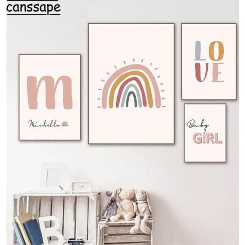 Love Poster Baby Girl Nursery Wall Art Canvas Painting Custom Name Print Rainbow Boho Posters Nordic Pictures Kids Room Decor