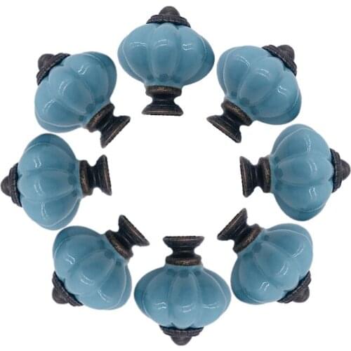 Set of 8pcs Ceramic Blue Pumpkin Handle Pull Knobs Cabinet Door Cupboard Drawer Knobs Locker for Home Kitchen Decoration