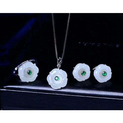 Hetian Baiyu Silver Inlay Set White Jade Drops Three-Piece Set h11
