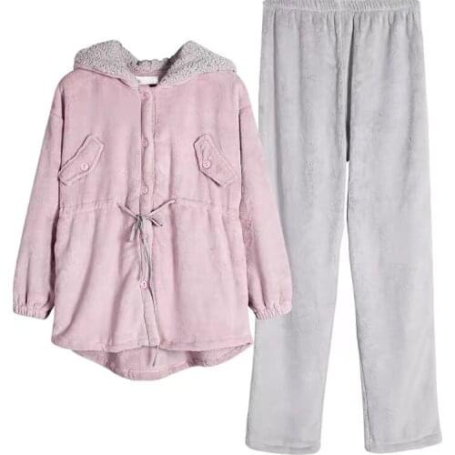 2020 New Pajama women winter flannel Plush thickened suit solid color coral Plush home clothes loose large size pijama 2pc pjs