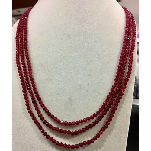 3row 4MM faceted red ruby gemstone round beads necklace 18-20" 14K gold-plated