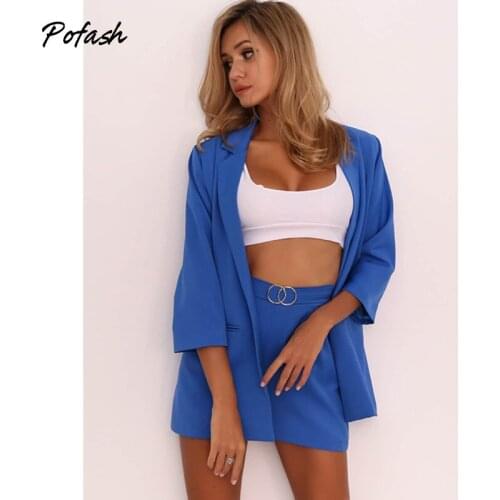 Pofash Solid Button Women Blazers Slim Casual Long Sleeves Spring Autumn Coat And Shorts Belt Office Two Pieces Outfits 2021
