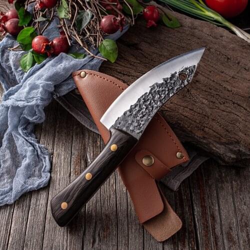 Full Tang 5-inch Serbian Cleaver Boning Knife Scimitar Butcher Kitchen Knives Fillet Slaughtering Cutting Tool & Carry Sheath