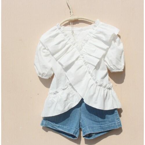 Fashion Puff Sleeve Shirts for Teenage Girls Summer Cotton Short Sleeve Blouse Children Solid Color White Ruffle Tops 8 To 12Yrs
