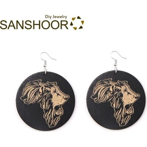 SANSHOOR Craved Afro Lion Wood Drop Earrings With African Motherland Map 6cm Large Size For Black Women Christmas Gifts 1Pair