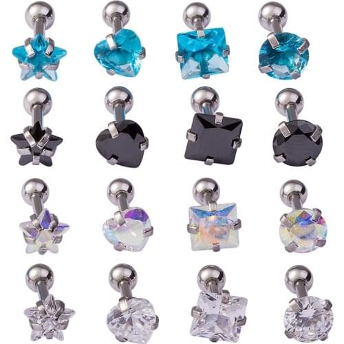2pcs Star Heart Ear Stud Tragus Cartilage Helix Bar Crystal Zircon Barbell Oreja Earings Piercing for Women Body Jewelry 16G