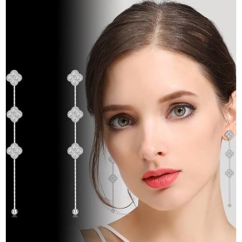 Korean Lady Personality Zircon Earrings Long Tassel Four-leaf Clovers Earrings Pure Silver Pins Studs Earrings Trendy 2021