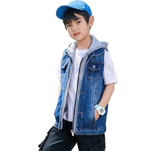 Blue Denim Vest For Boys With Hood Fashion Lattice Design Kids Sleeveless Jean Waistcoat For Teen Boy 2-14 Years Outerwear Coat