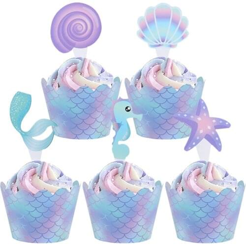 Mermaid Party Cupcake Toppers Baby Shower Kids Birthday Party Wedding Cake Border Mermaid Decor Ocean World Party Supplies