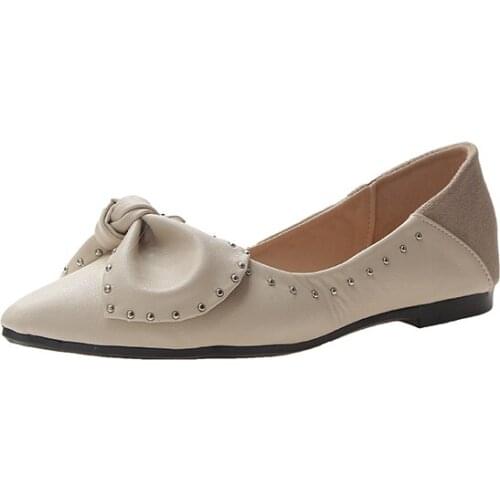 2020 Spring And Autumn New Fashion Mature Novelty Pointed Shallow Mouth Wild Single Shoes Bow Womens Bean Beans Shoes