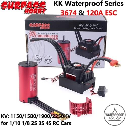 Surpass Hobby KK Waterproof ESC Brushless Motor 3674 1150/1900/2250KV with 120A ESC Heat Sink for 1/10 1/8 RC Car Tamiya Axial