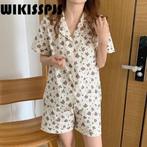 WIKISSPJS 2021 New Summer Short Sleeve Thin Print Cute Loose Two Piece Home Wear Pajamas for Women Lounge Wear Sleep Tops