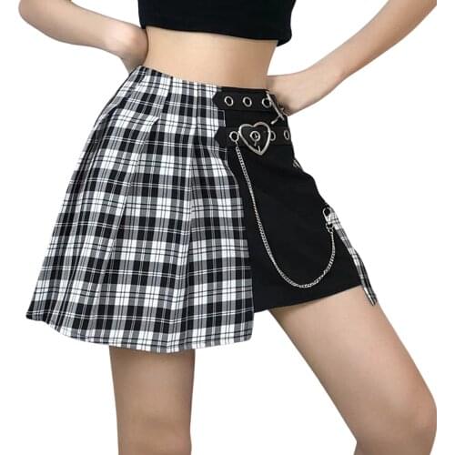 2021 Women Plaid Skirt with Heart Buckle Belt Chain Decoration Irregular Design Summer Clothing For Daily Wear Dancing Raves
