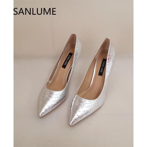 SANLUME Cowhide Silver texture Women Sexy High heels Real leather dress pumps shoes Pumps Lady Pointed Toe inside sheepskin