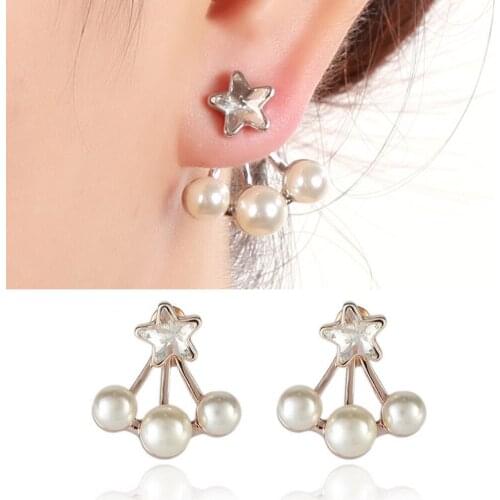 Women Faux Pearl Star Rhinestone Ear Jacket Evening Party Earrings Jewelry Gift