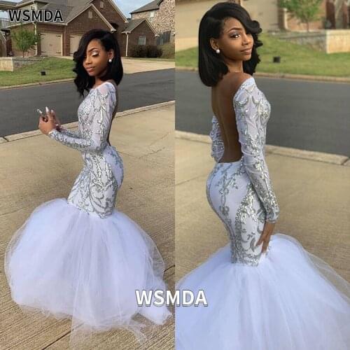 Lace Applique Scoop Neck Long Sleeves Backless Ruffle Organza Mermaid Prom Dresses Long Trumpet Party Gown