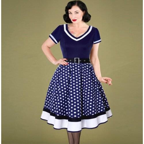 Robe rockabilly vintage Women 1950s v neck short sleeve polka dot print patchwork Pleated swing pin up dress with belts sukienka