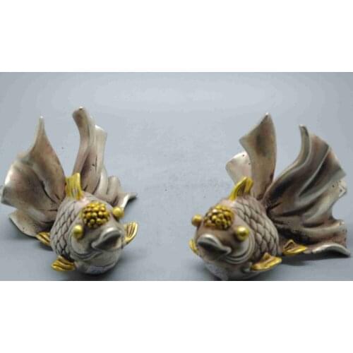 Zhmui88002840871+++Pair Decorated Old Handwork Silver Plate Copper Carved Goldfish Statue