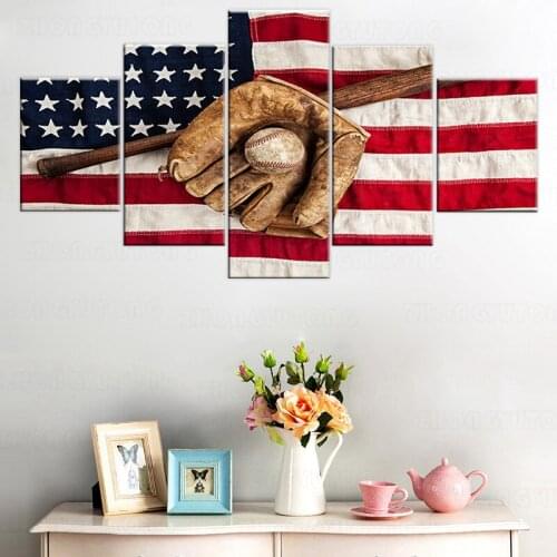 American Usa Flag Canvas Painting sports Baseball glove baseball bat Posters For Living room Home Decor Prints Wall Art Pictures