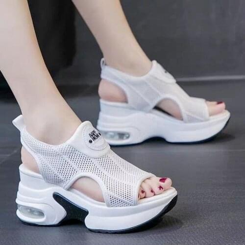 Womens Height Increasing Sports Insole Sandals Summer New Roman Style Wedge Fish mouth fly woven mesh breathable sandals